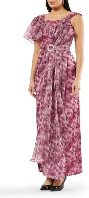Women's Asymmetrical Printed Organza Gown  Elegant Dress with Drape Details, Square Neck & Crystal Belt