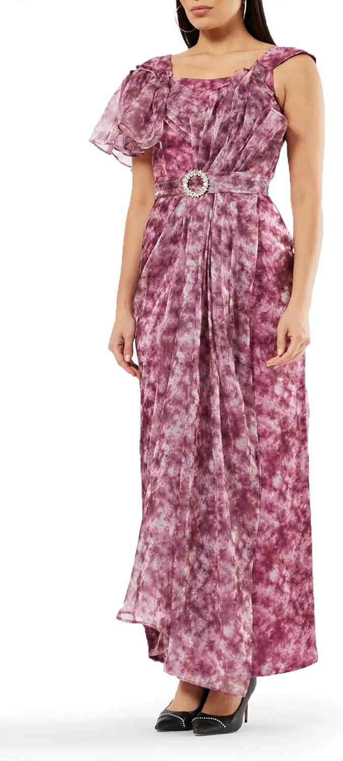 Women's Asymmetrical Printed Organza Gown  Elegant Dress with Drape Details, Square Neck & Crystal Belt