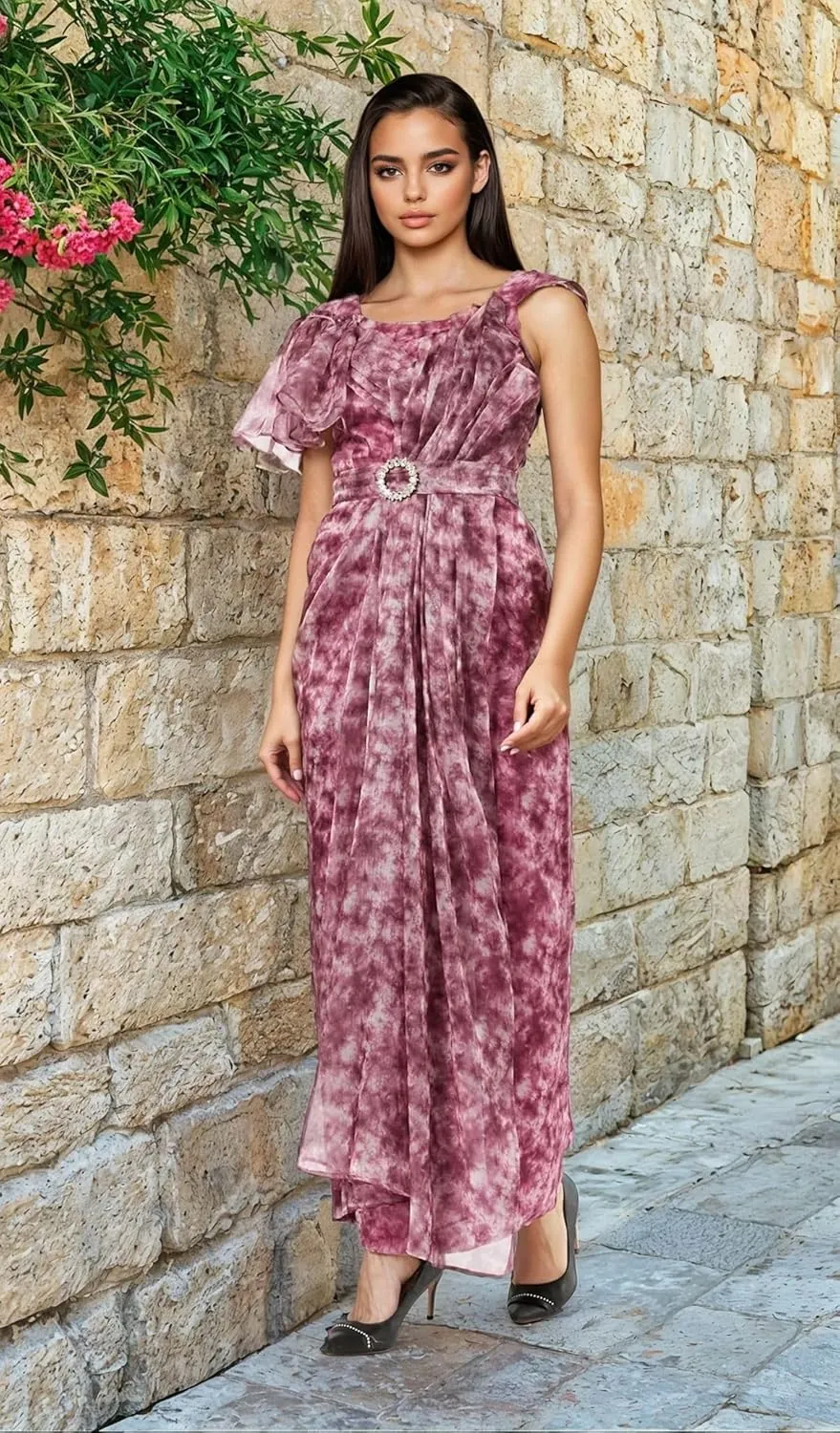 Women's Asymmetrical Printed Organza Gown  Elegant Dress with Drape Details, Square Neck & Crystal Belt