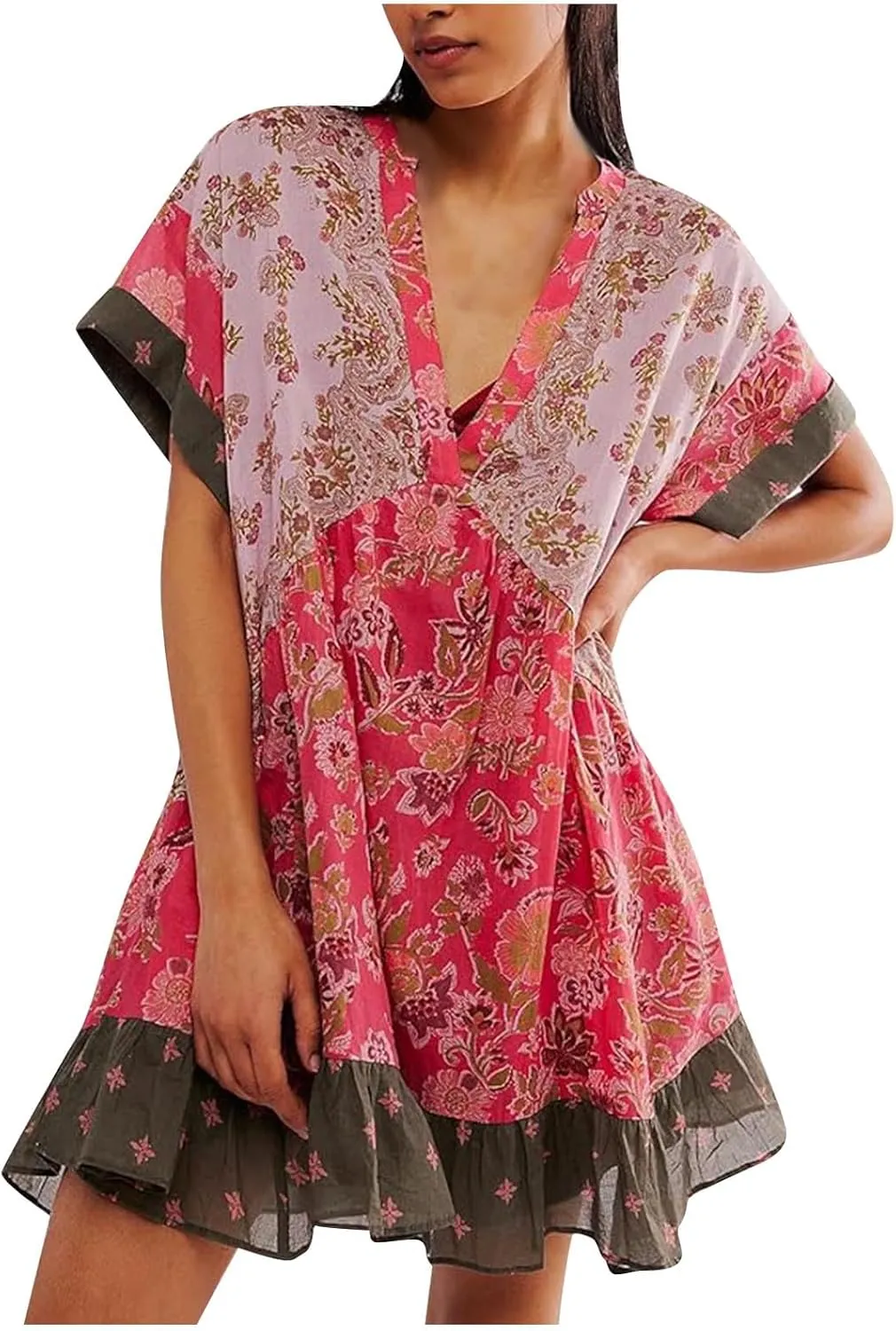 Women's Bohemian Babydoll Loose Summer Floral Dresses Short Sleeve V Neck Sundress Flowy Ruffle Mini Dress