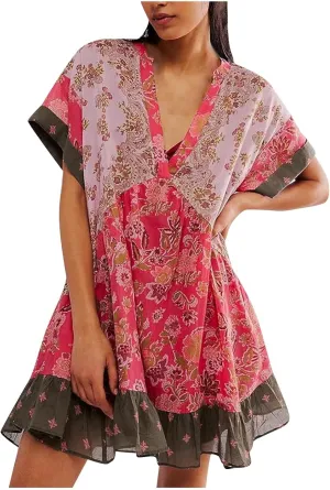 Women's Bohemian Babydoll Loose Summer Floral Dresses Short Sleeve V Neck Sundress Flowy Ruffle Mini Dress