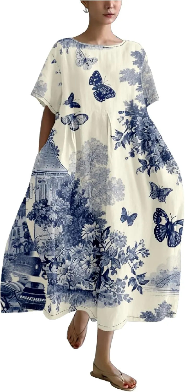 Womens Boho Summer Dresses Oversized Comfy T Shirt Dress Elegant Crew Neck Short Sleeve Sundress Camping