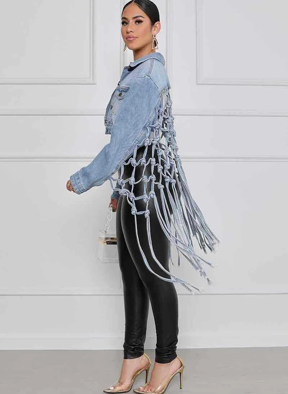 Women's Boyfriend Cropped Denim Jacket Button Down Loose Jacket Fringe Knotted Jean Coat
