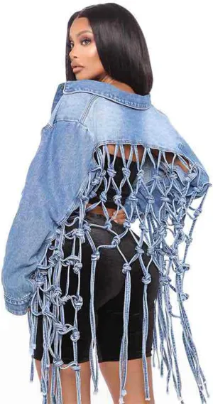 Women's Boyfriend Cropped Denim Jacket Button Down Loose Jacket Fringe Knotted Jean Coat