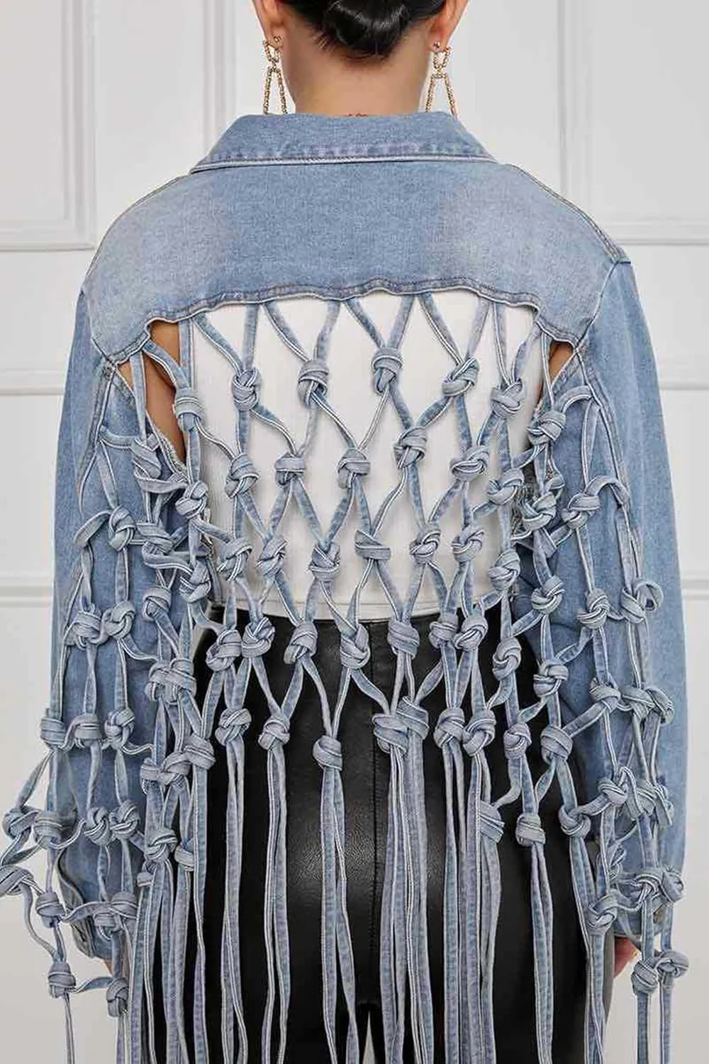 Women's Boyfriend Cropped Denim Jacket Button Down Loose Jacket Fringe Knotted Jean Coat