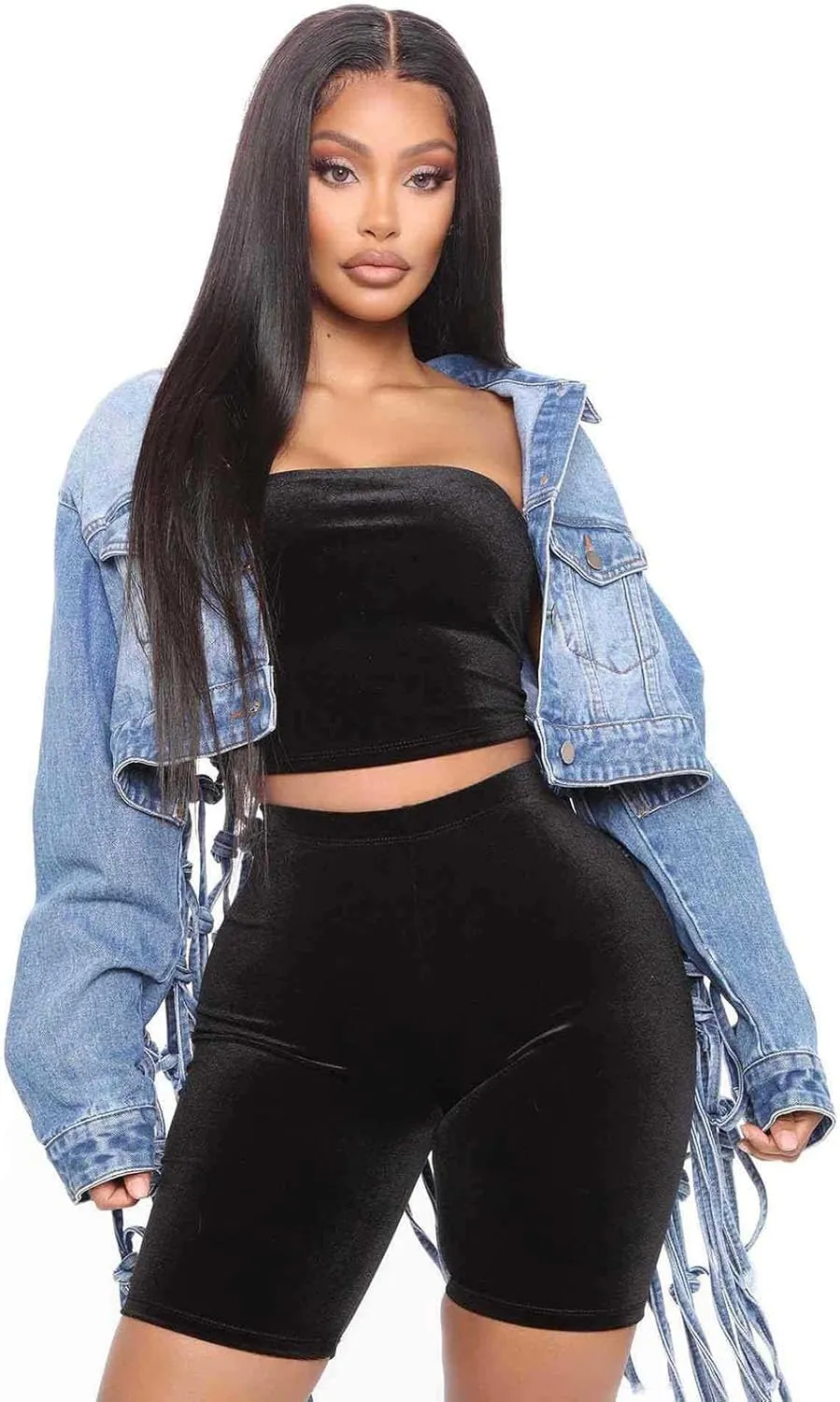 Women's Boyfriend Cropped Denim Jacket Button Down Loose Jacket Fringe Knotted Jean Coat