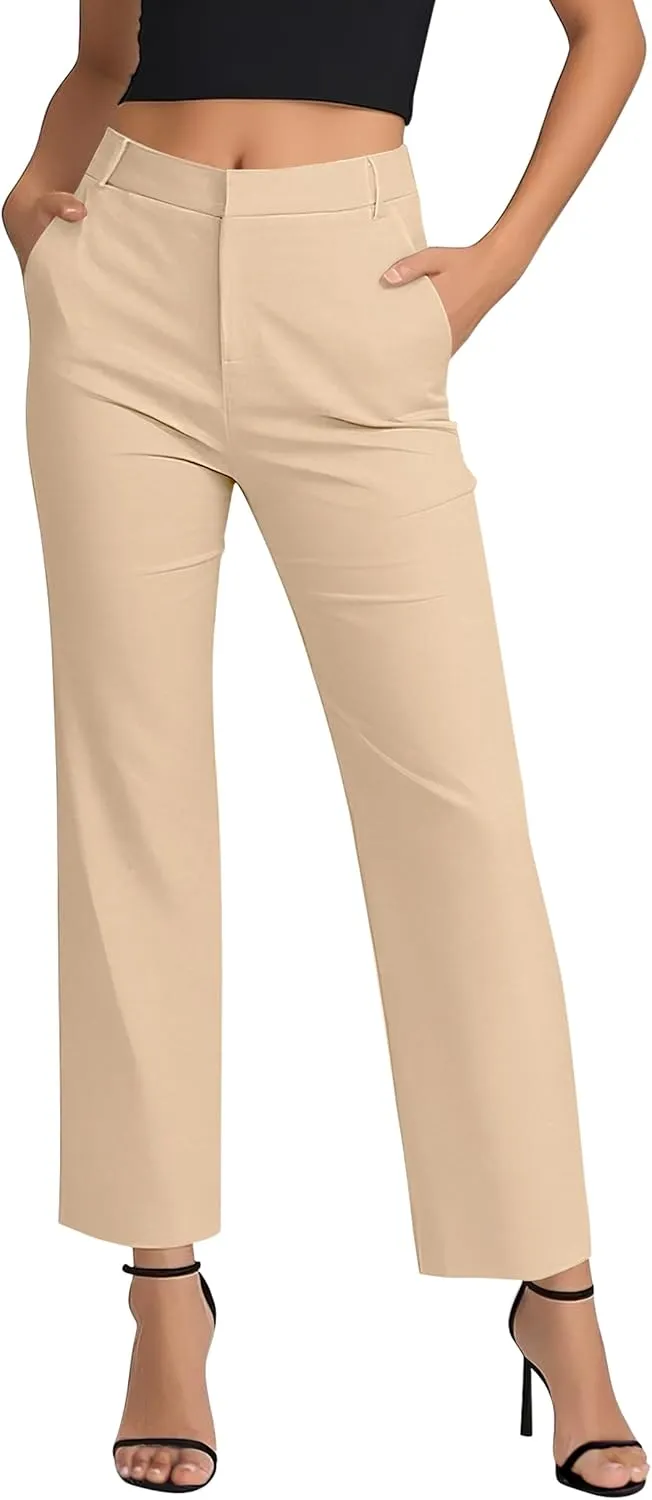 Women's Business Straight Leg Dress Pants Elastic Waist Zipper Closure Work Trousers with Pockets