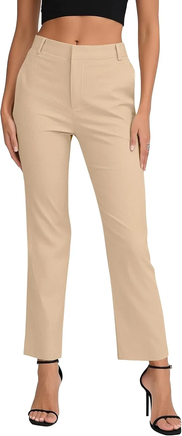 Women's Business Straight Leg Dress Pants Elastic Waist Zipper Closure Work Trousers with Pockets