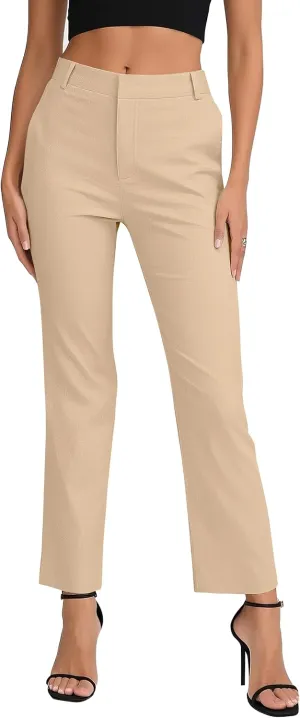 Women's Business Straight Leg Dress Pants Elastic Waist Zipper Closure Work Trousers with Pockets