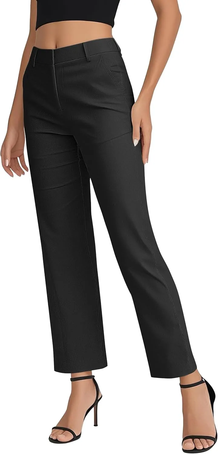 Women's Business Straight Leg Dress Pants Elastic Waist Zipper Closure Work Trousers with Pockets