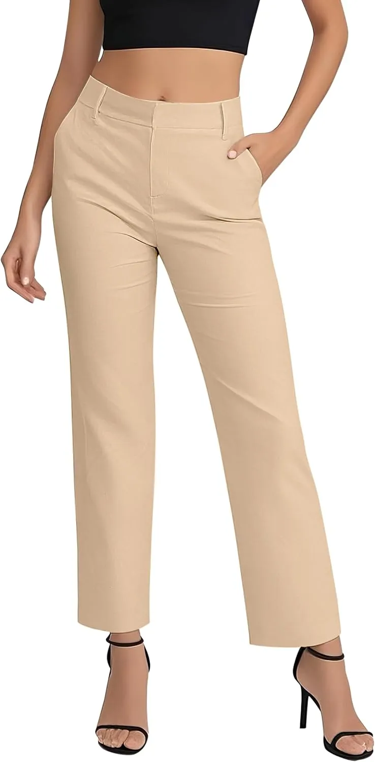 Women's Business Straight Leg Dress Pants Elastic Waist Zipper Closure Work Trousers with Pockets