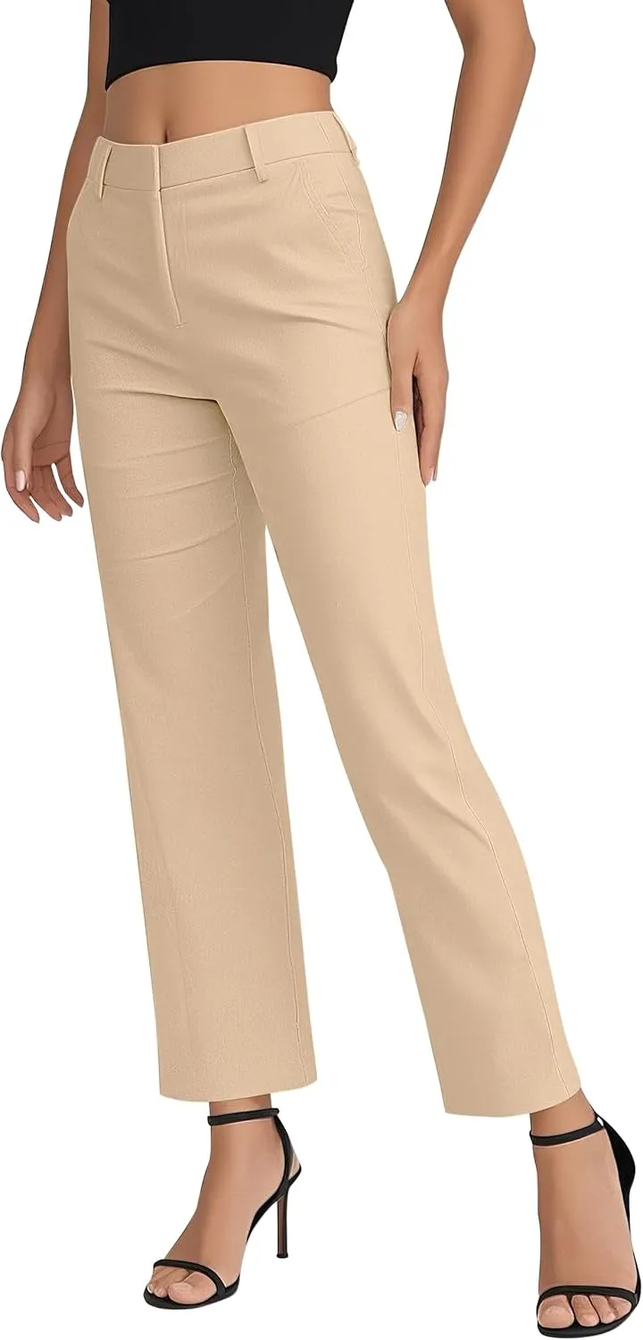Women's Business Straight Leg Dress Pants Elastic Waist Zipper Closure Work Trousers with Pockets
