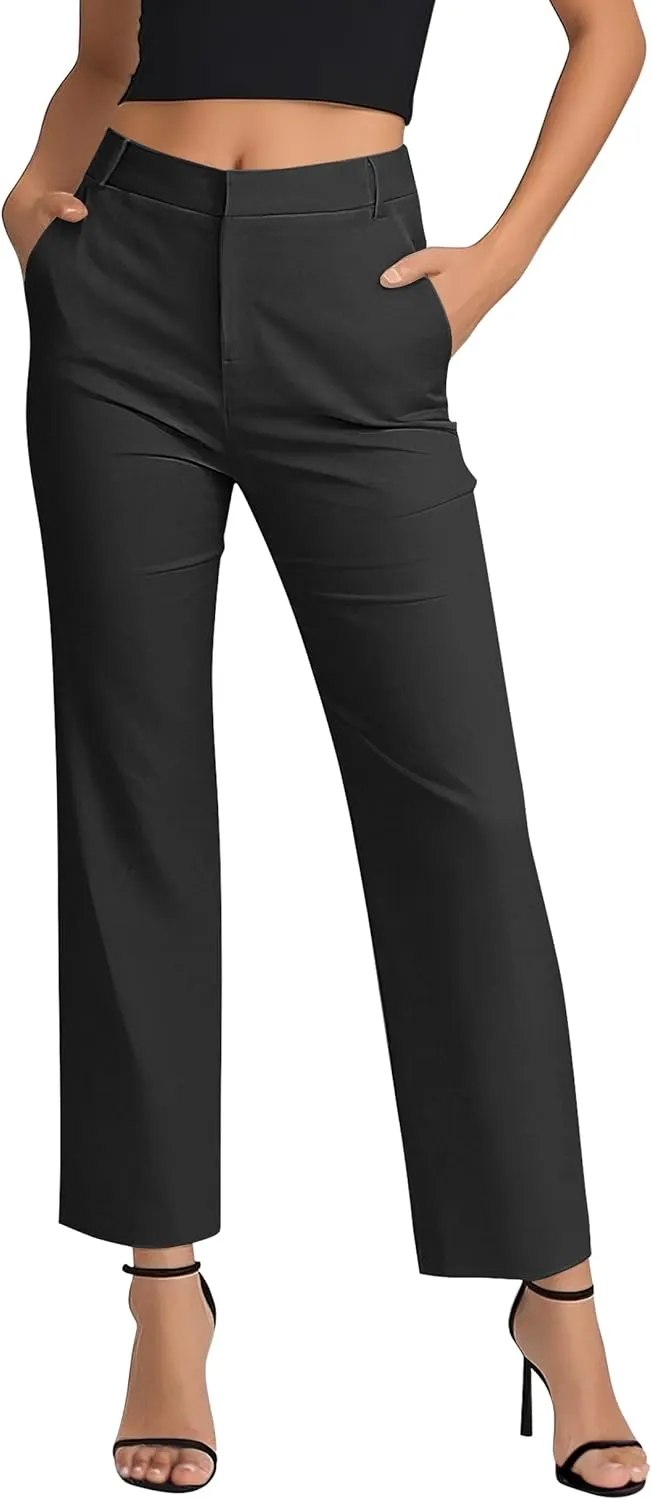 Women's Business Straight Leg Dress Pants Elastic Waist Zipper Closure Work Trousers with Pockets