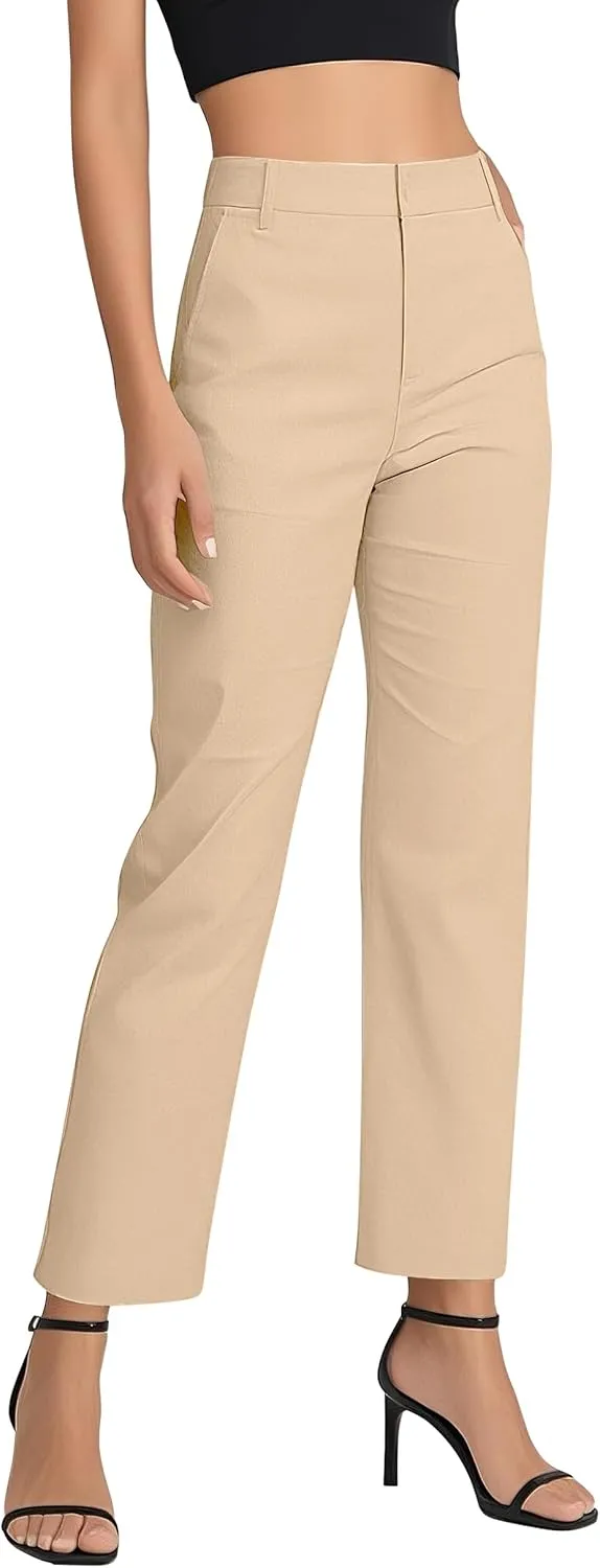 Women's Business Straight Leg Dress Pants Elastic Waist Zipper Closure Work Trousers with Pockets