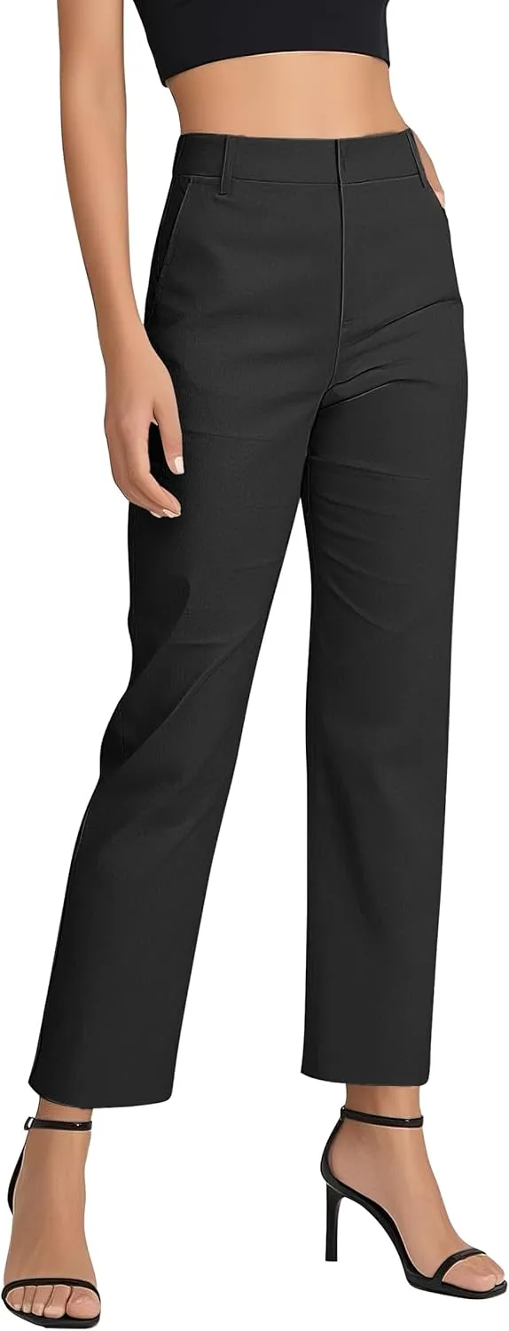 Women's Business Straight Leg Dress Pants Elastic Waist Zipper Closure Work Trousers with Pockets