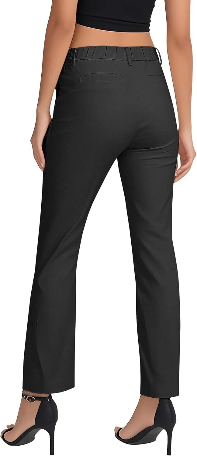 Women's Business Straight Leg Dress Pants Elastic Waist Zipper Closure Work Trousers with Pockets