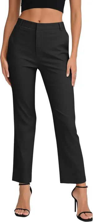 Women's Business Straight Leg Dress Pants Elastic Waist Zipper Closure Work Trousers with Pockets