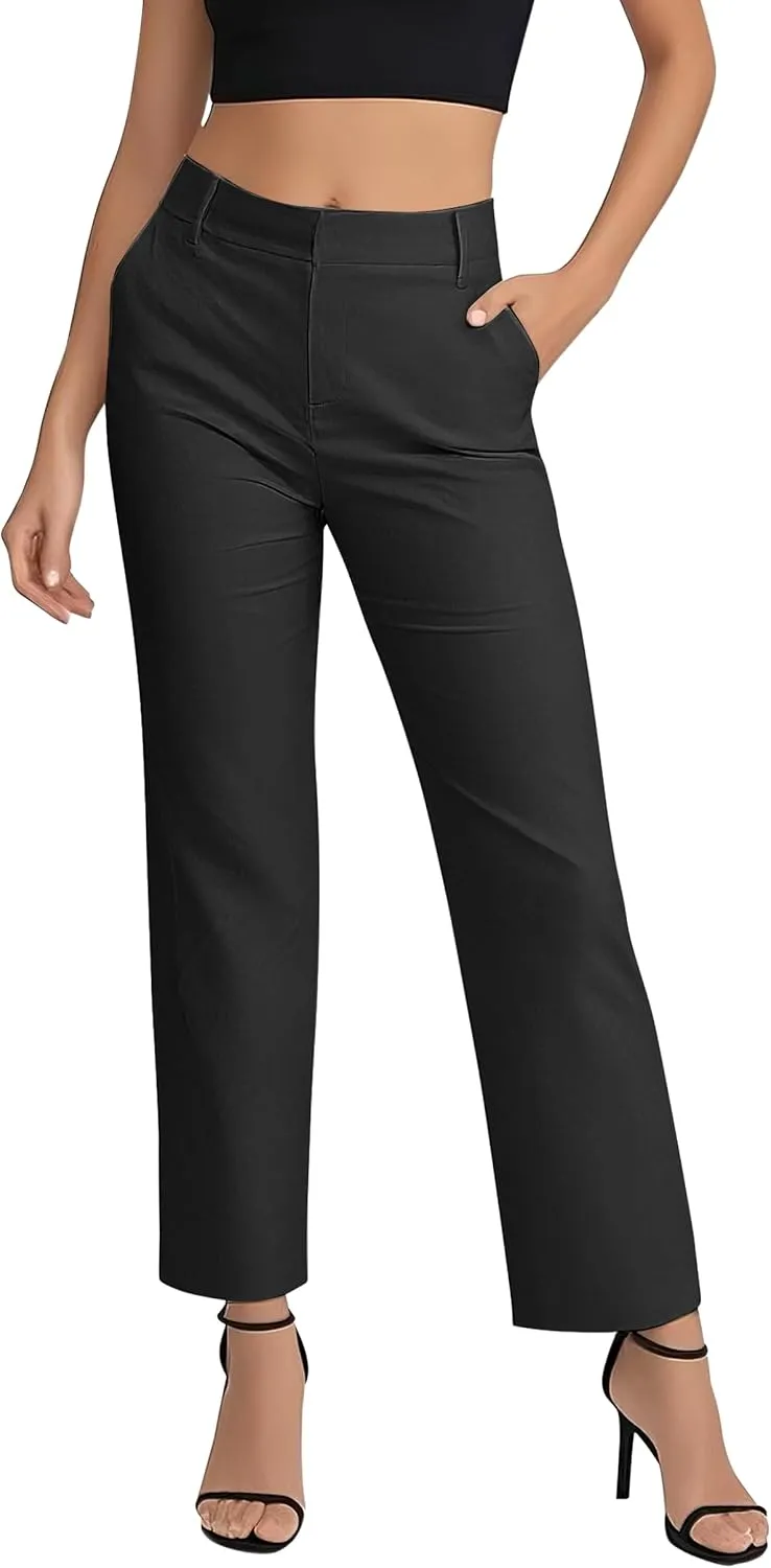 Women's Business Straight Leg Dress Pants Elastic Waist Zipper Closure Work Trousers with Pockets