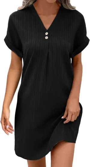 Womens Button Down Shirt Dress Summer Cotton Linen Dress V-Neck Mini Dress Casual Short Sleeve Loose Tunic Dresses