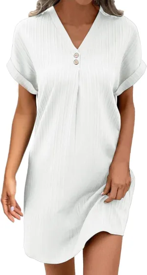Womens Button Down Shirt Dress Summer Cotton Linen Dress V-Neck Mini Dress Casual Short Sleeve Loose Tunic Dresses
