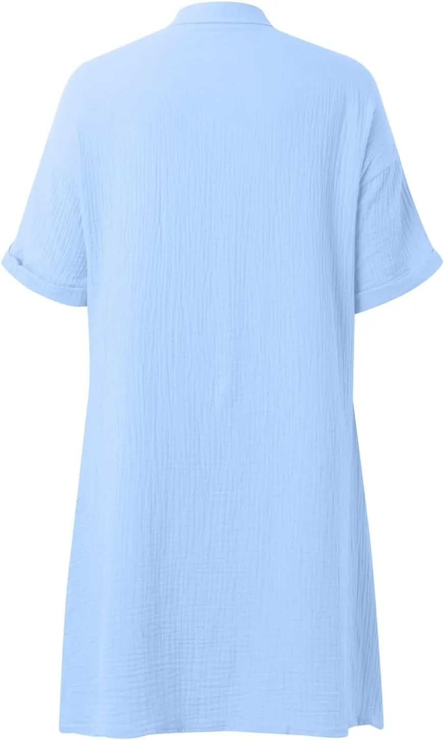Womens Button Down Shirt Dress Summer Cotton Linen Dress V-Neck Mini Dress Casual Short Sleeve Loose Tunic Shift Dresses