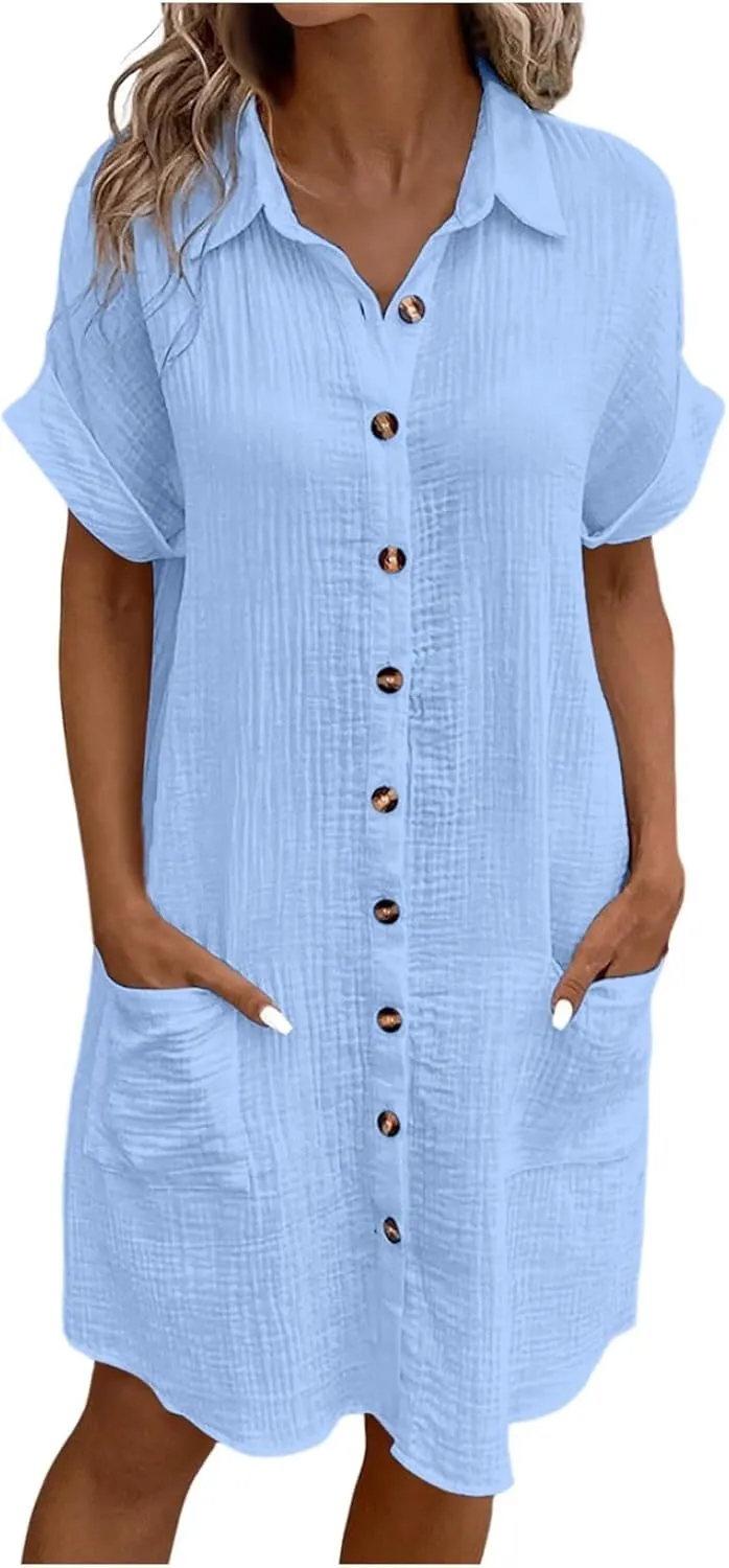 Womens Button Down Shirt Dress Summer Cotton Linen Dress V-Neck Mini Dress Casual Short Sleeve Loose Tunic Shift Dresses