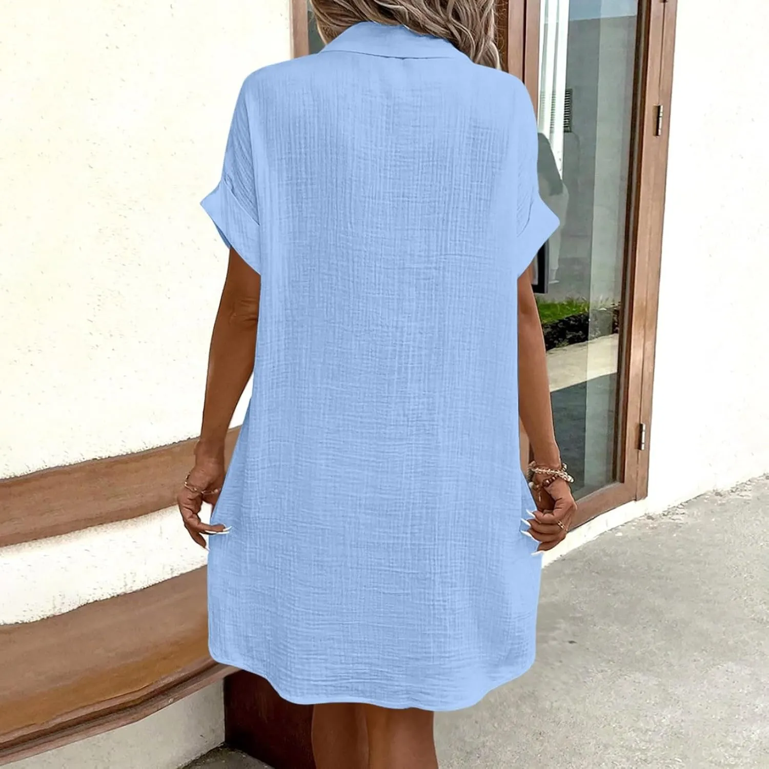 Womens Button Down Shirt Dress Summer Cotton Linen Dress V-Neck Mini Dress Casual Short Sleeve Loose Tunic Shift Dresses