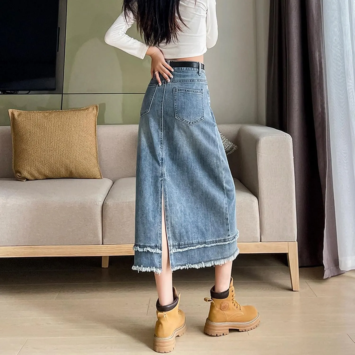 Women's Casual Denim Skirt, high Waisted Slit Denim Skirt, Retro raw Edge Denim Long Skirt, high Waisted Denim Skirt