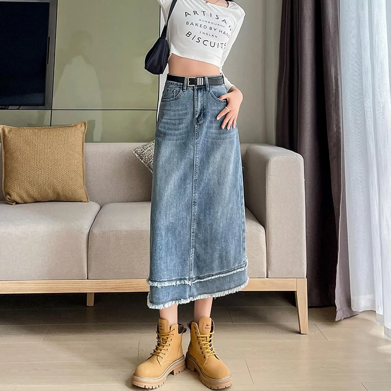 Women's Casual Denim Skirt, high Waisted Slit Denim Skirt, Retro raw Edge Denim Long Skirt, high Waisted Denim Skirt