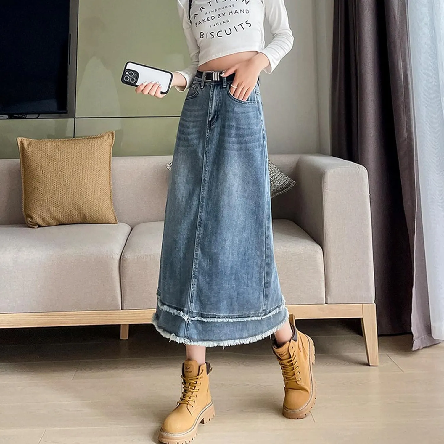 Women's Casual Denim Skirt, high Waisted Slit Denim Skirt, Retro raw Edge Denim Long Skirt, high Waisted Denim Skirt