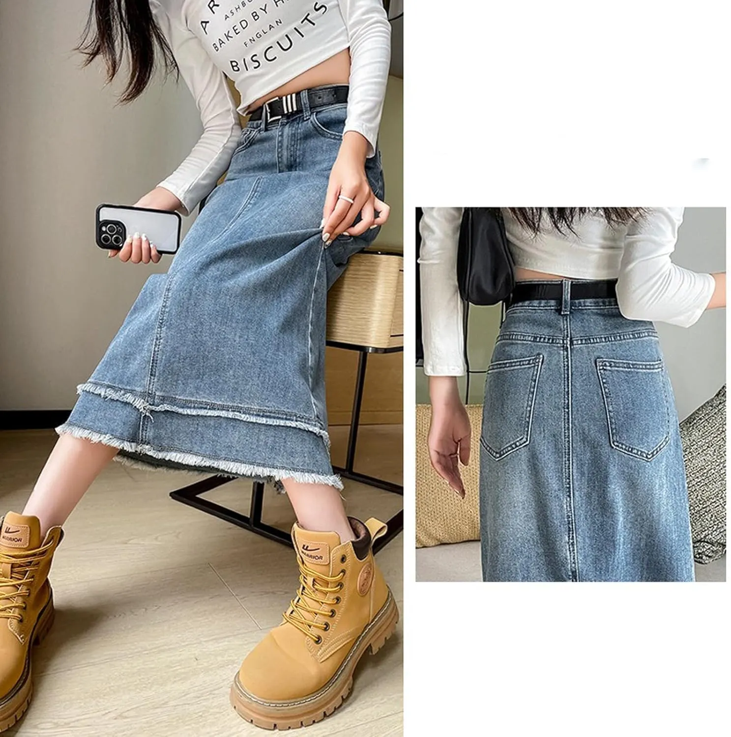 Women's Casual Denim Skirt, high Waisted Slit Denim Skirt, Retro raw Edge Denim Long Skirt, high Waisted Denim Skirt