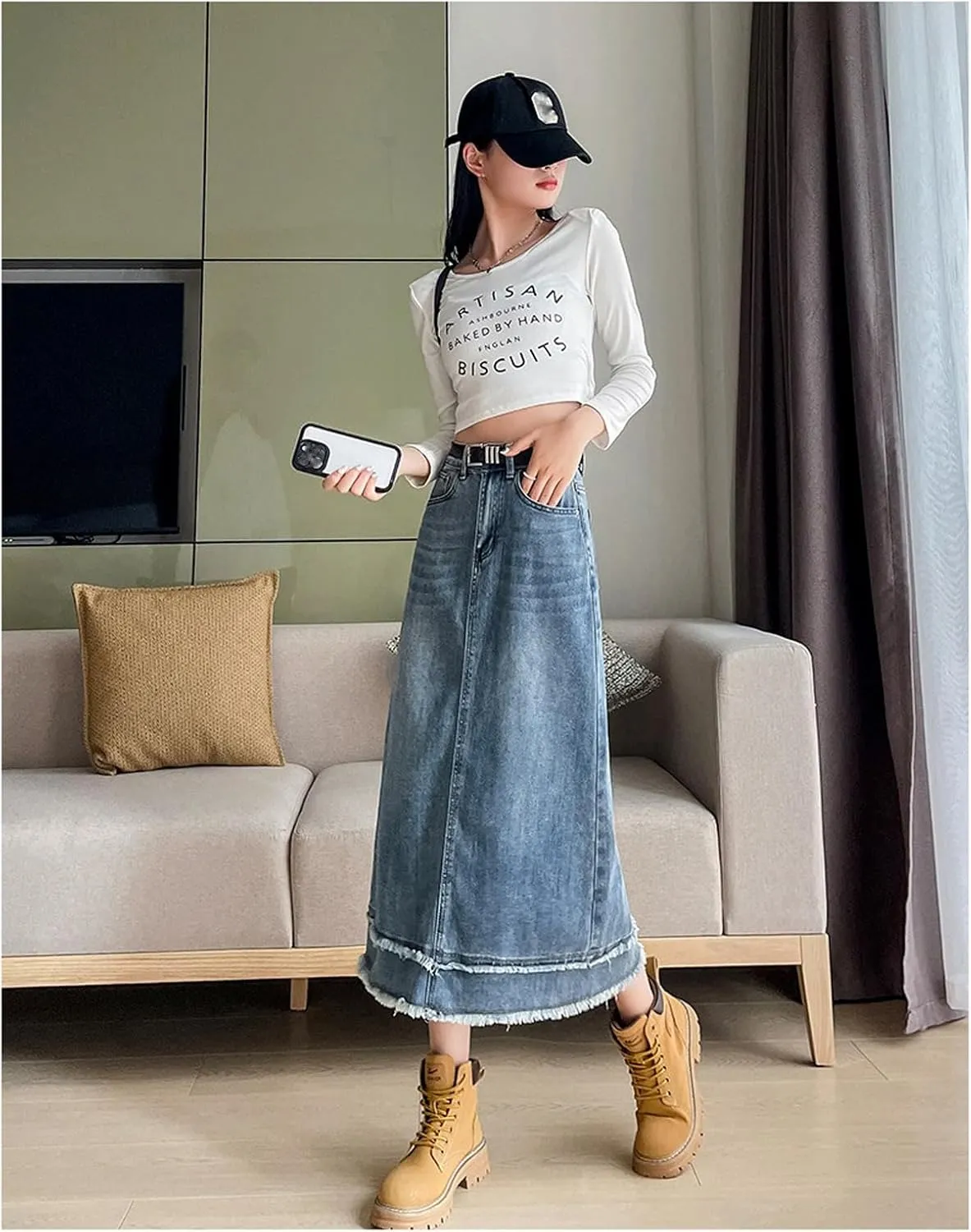 Women's Casual Denim Skirt, high Waisted Slit Denim Skirt, Retro raw Edge Denim Long Skirt, high Waisted Denim Skirt