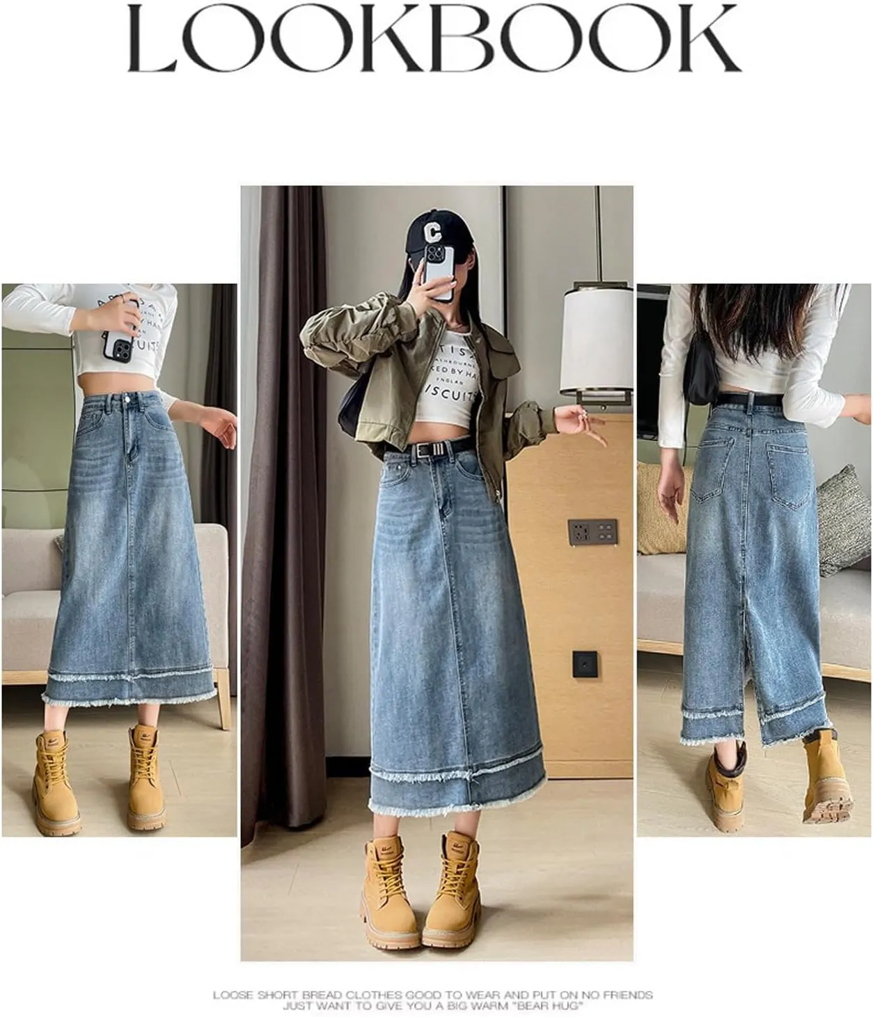 Women's Casual Denim Skirt, high Waisted Slit Denim Skirt, Retro raw Edge Denim Long Skirt, high Waisted Denim Skirt