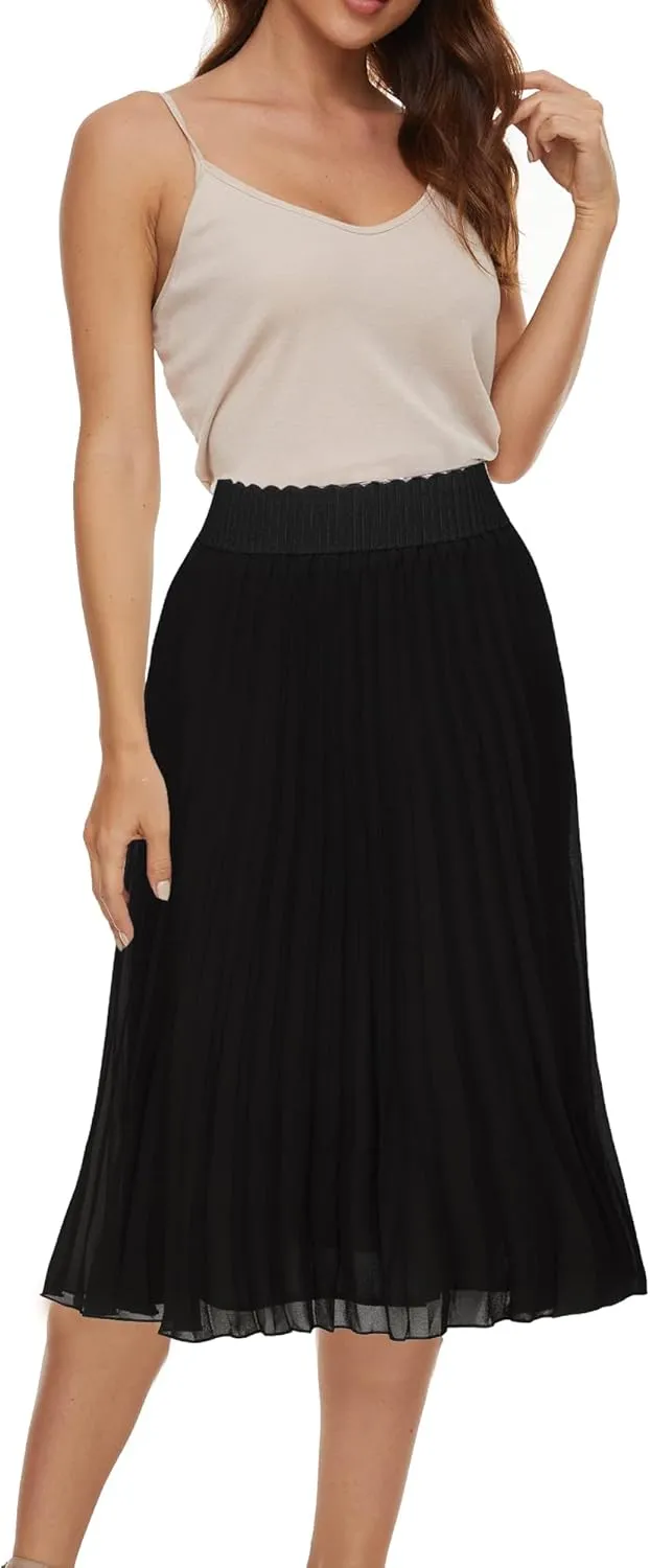 Womens Chiffon High Waist Skirt Pleated A-Line Swing Elastic Shirring Midi Length