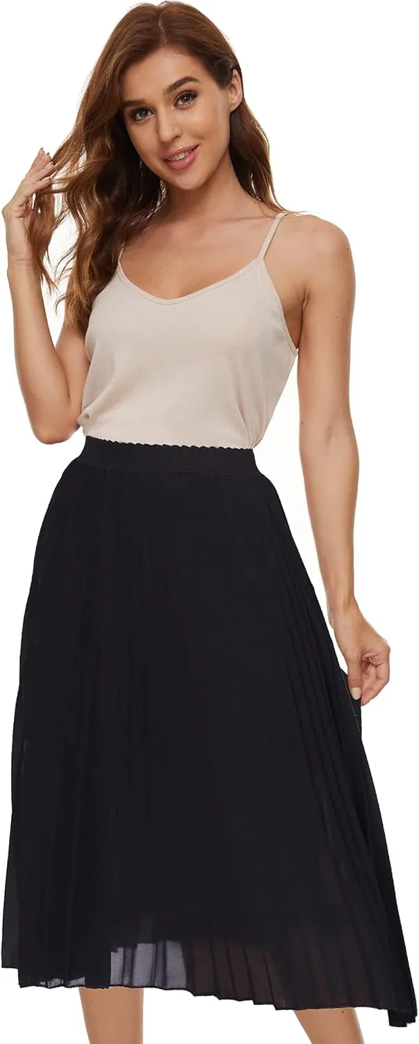 Womens Chiffon High Waist Skirt Pleated A-Line Swing Elastic Shirring Midi Length