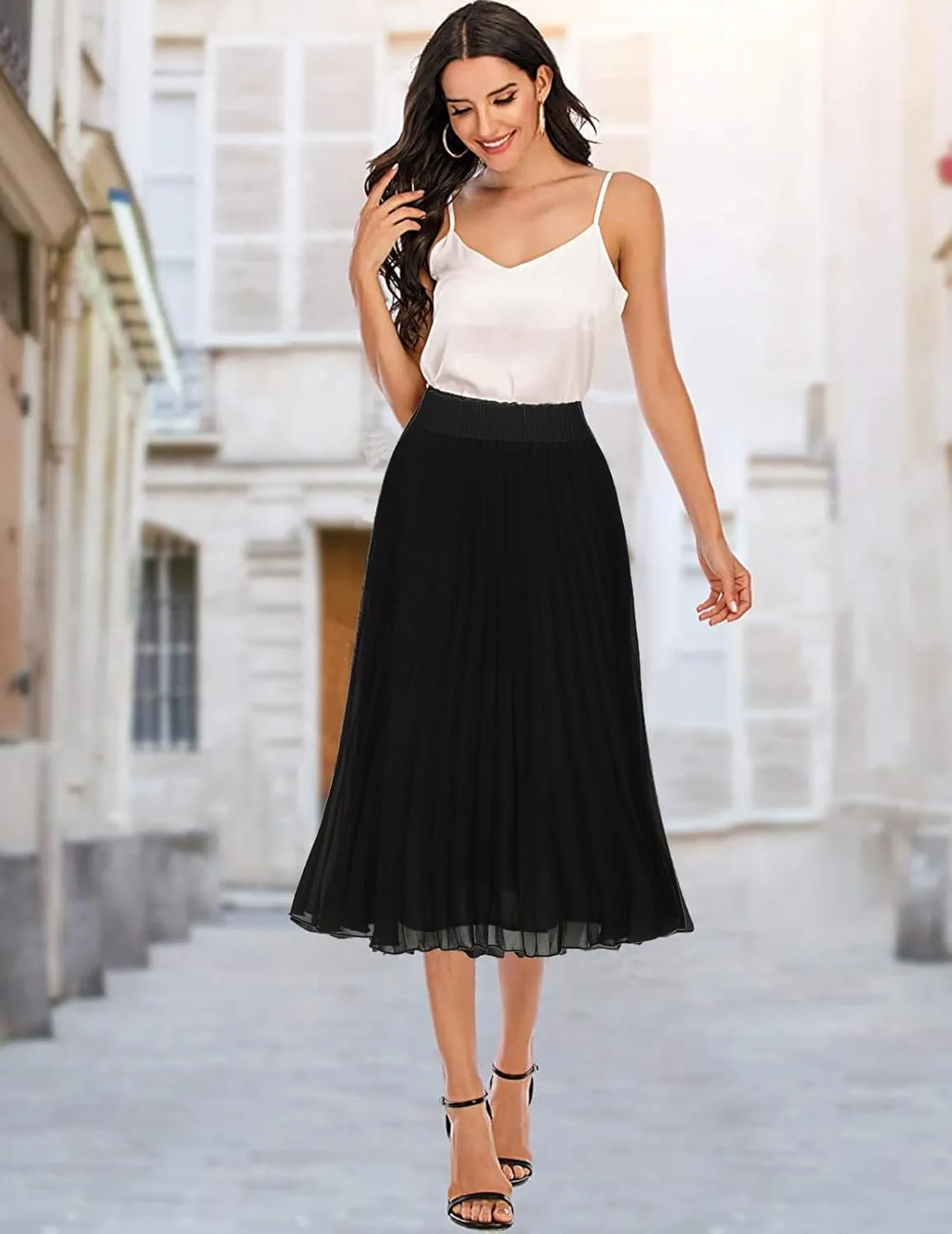 Womens Chiffon High Waist Skirt Pleated A-Line Swing Elastic Shirring Midi Length