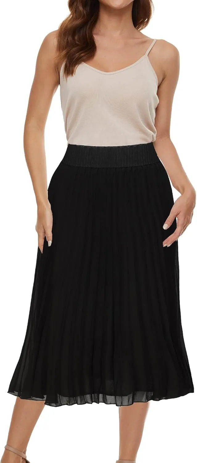 Womens Chiffon High Waist Skirt Pleated A-Line Swing Elastic Shirring Midi Length