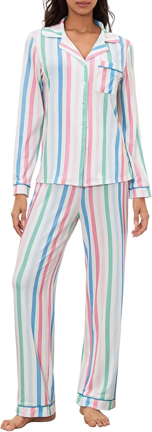 Womens Christmas Stripe Pajamas Set Long Sleeve Button Down Striped Shirt and Pants 2 Piece Loungewear Set Sleepwear
