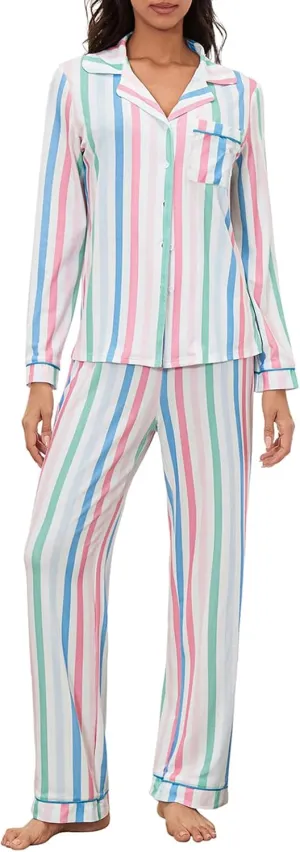 Womens Christmas Stripe Pajamas Set Long Sleeve Button Down Striped Shirt and Pants 2 Piece Loungewear Set Sleepwear