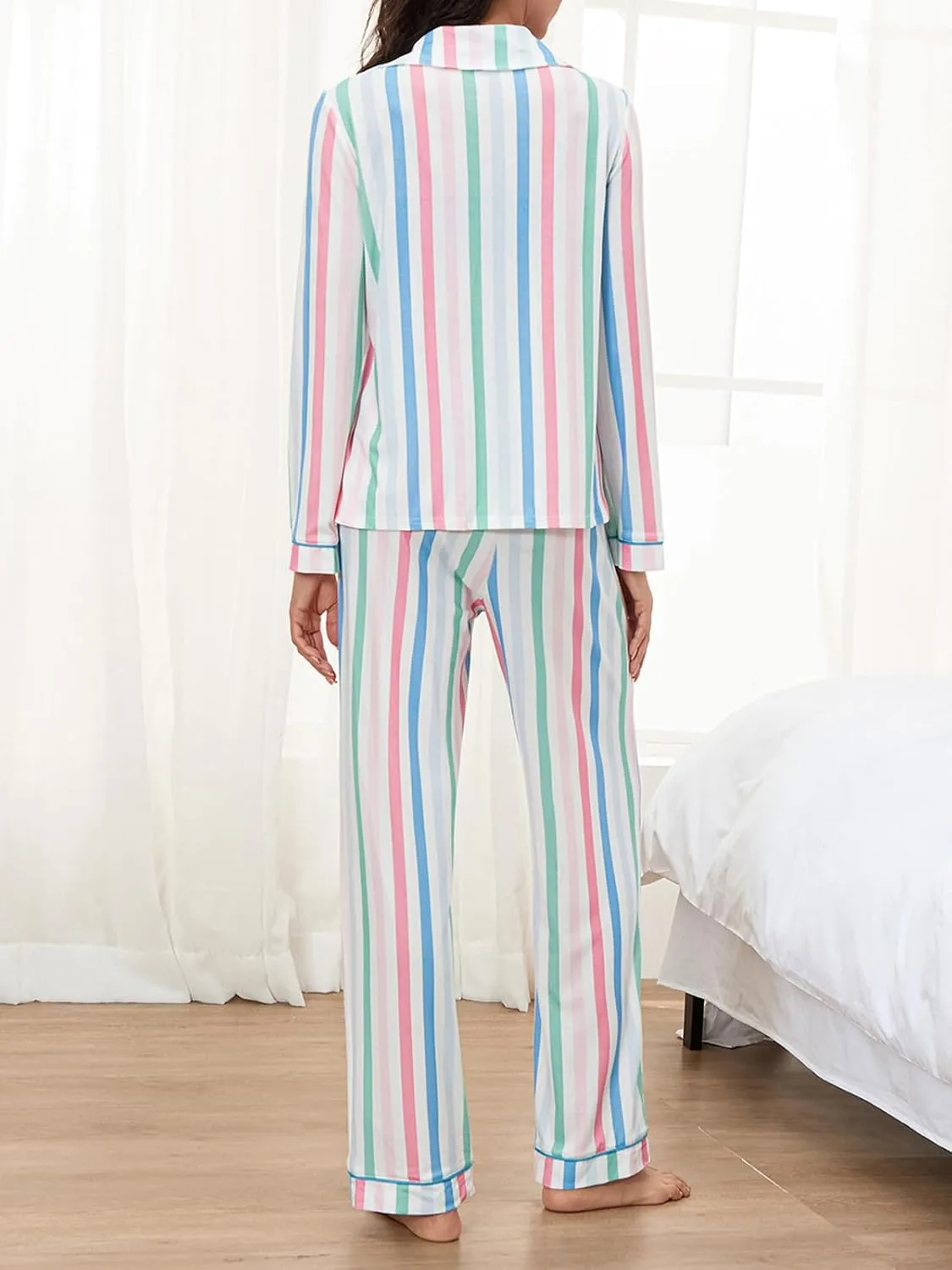 Womens Christmas Stripe Pajamas Set Long Sleeve Button Down Striped Shirt and Pants 2 Piece Loungewear Set Sleepwear