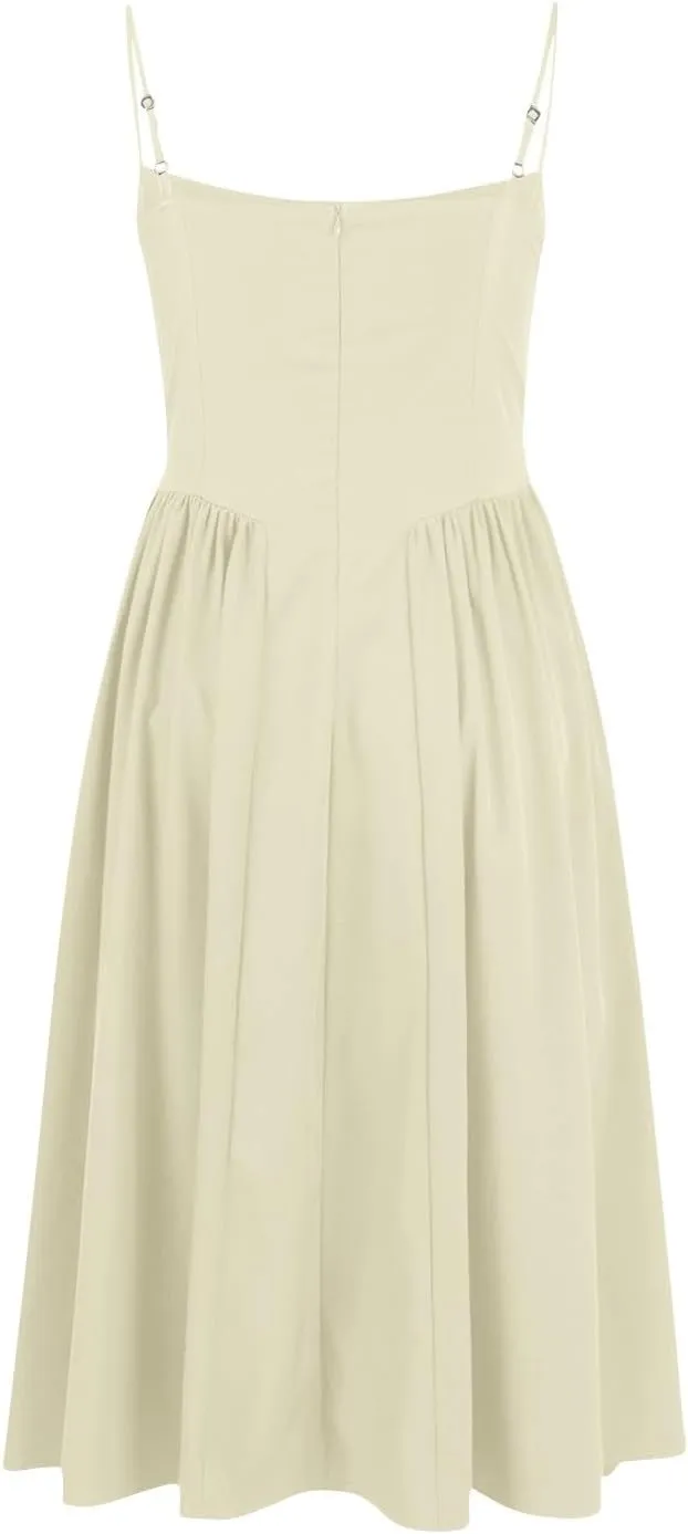 Womens Corset Dress Elegant Spaghetti Strap Bustier Midi Dresses Flowy Pleated Hem Low Cut Prom Skirts with Pockets