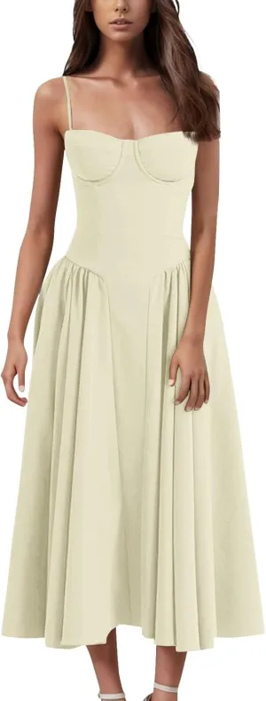 Womens Corset Dress Elegant Spaghetti Strap Bustier Midi Dresses Flowy Pleated Hem Low Cut Prom Skirts with Pockets