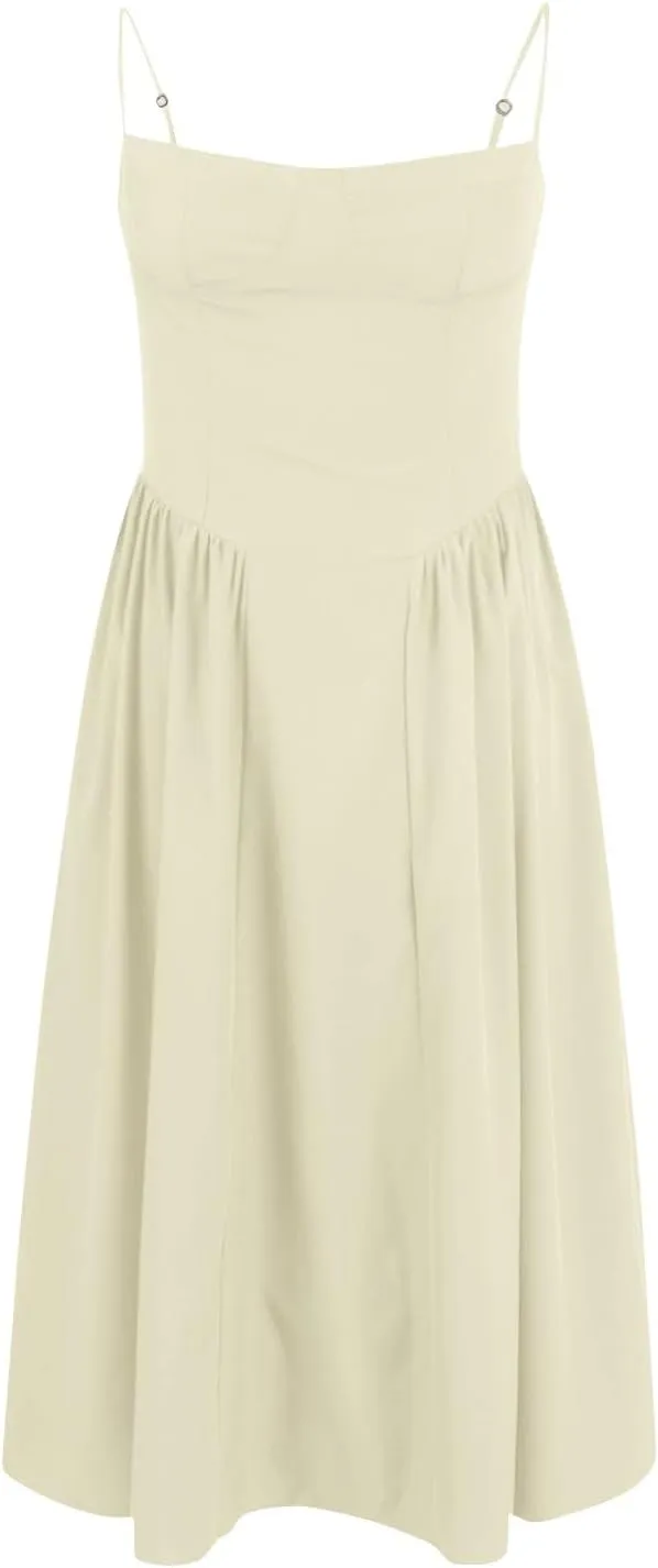 Womens Corset Dress Elegant Spaghetti Strap Bustier Midi Dresses Flowy Pleated Hem Low Cut Prom Skirts with Pockets