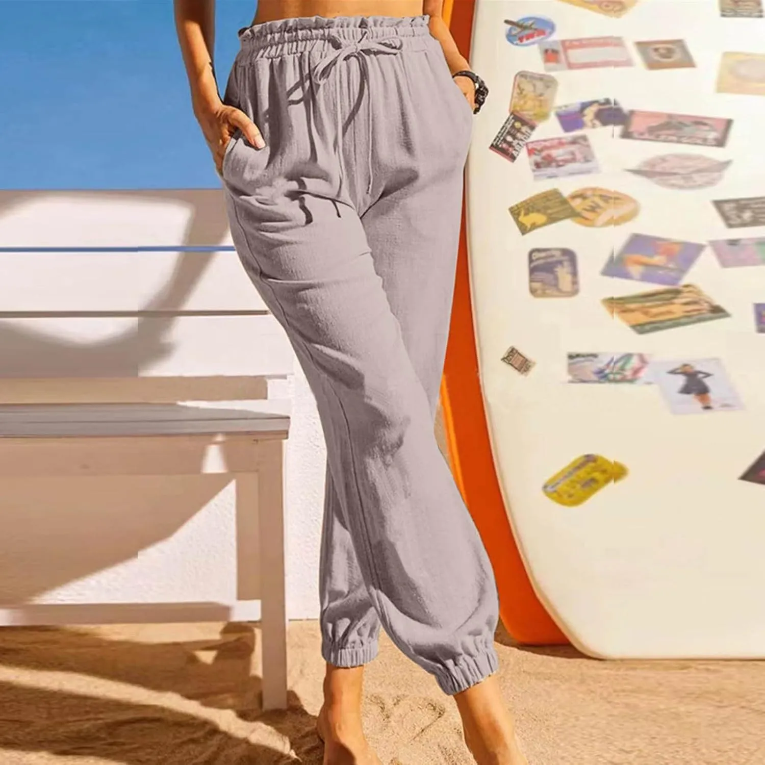 Womens Cotton Linen Jogger Pants Summer Fall Casual Drawstring High Waist Lounge Trousers with Pockets