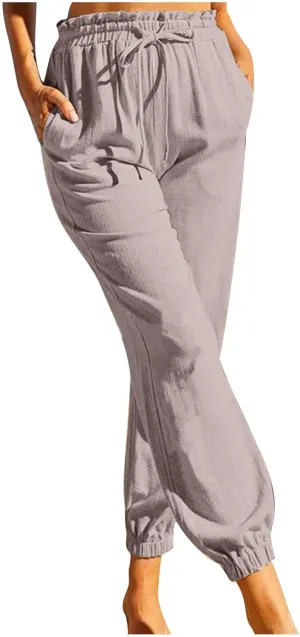 Womens Cotton Linen Jogger Pants Summer Fall Casual Drawstring High Waist Lounge Trousers with Pockets