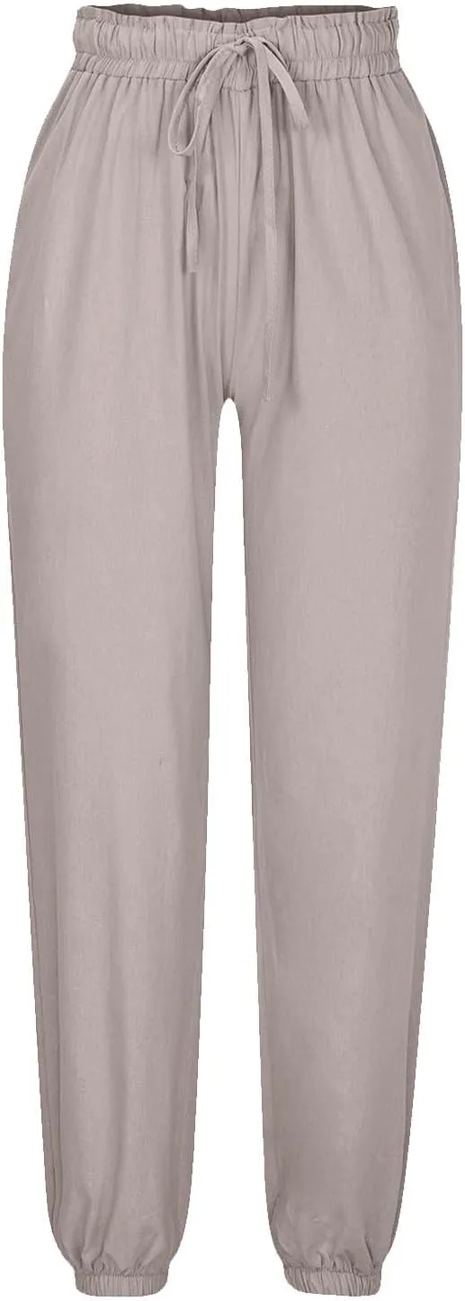 Womens Cotton Linen Jogger Pants Summer Fall Casual Drawstring High Waist Lounge Trousers with Pockets