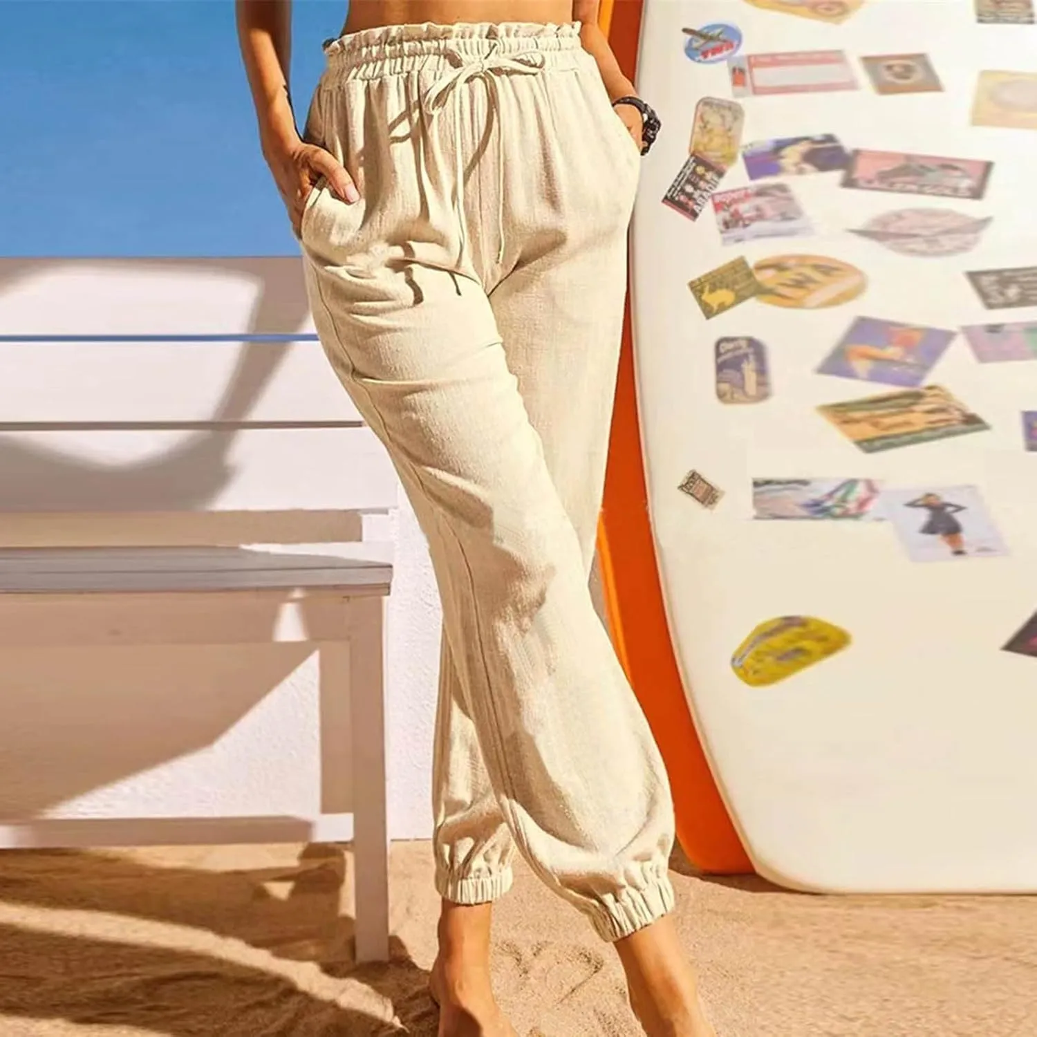 Womens Cotton Linen Jogger Pants Summer Fall Casual Drawstring High Waist Lounge Trousers with Pockets