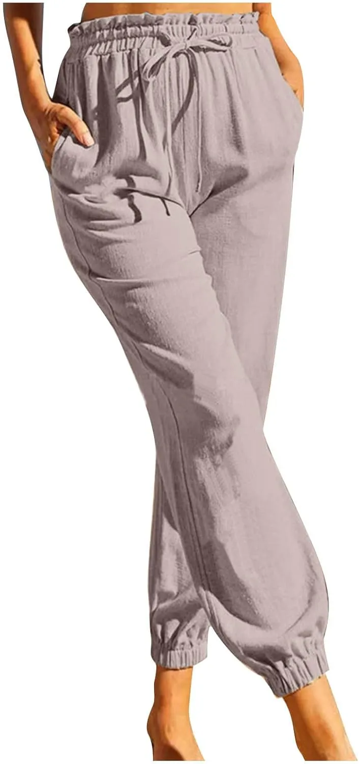 Womens Cotton Linen Jogger Pants Summer Fall Casual Drawstring High Waist Lounge Trousers with Pockets