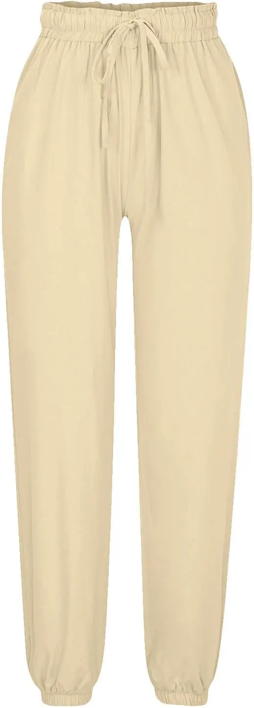 Womens Cotton Linen Jogger Pants Summer Fall Casual Drawstring High Waist Lounge Trousers with Pockets