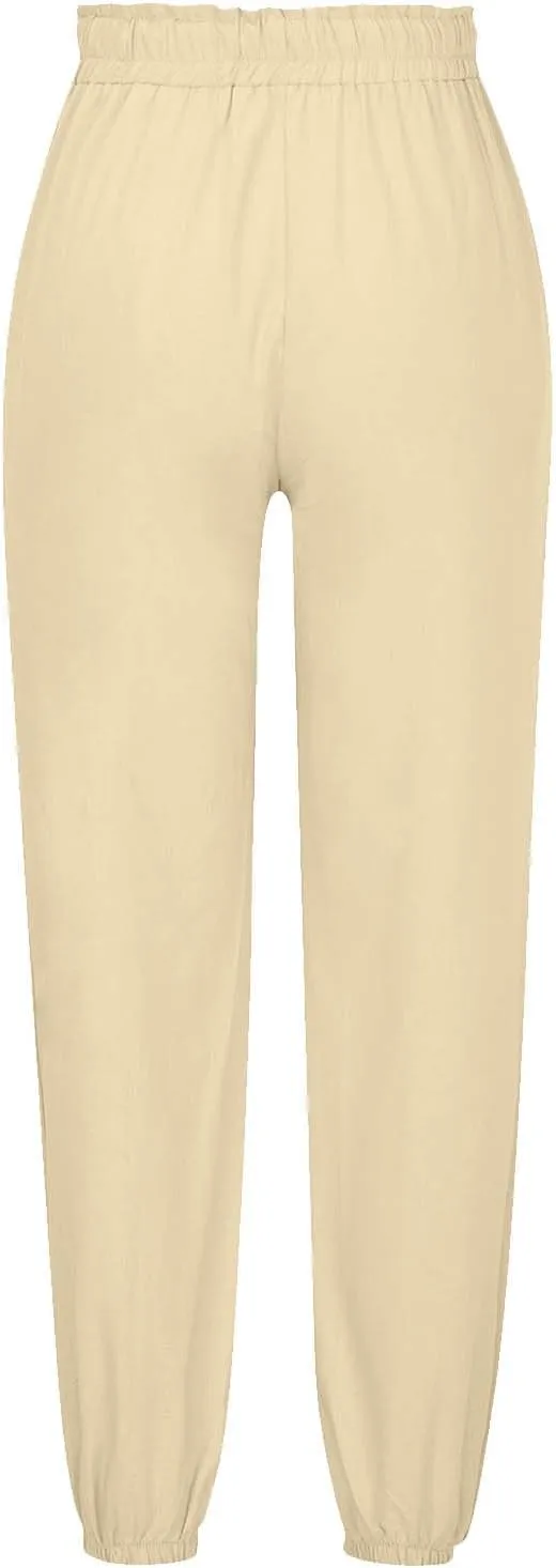 Womens Cotton Linen Jogger Pants Summer Fall Casual Drawstring High Waist Lounge Trousers with Pockets